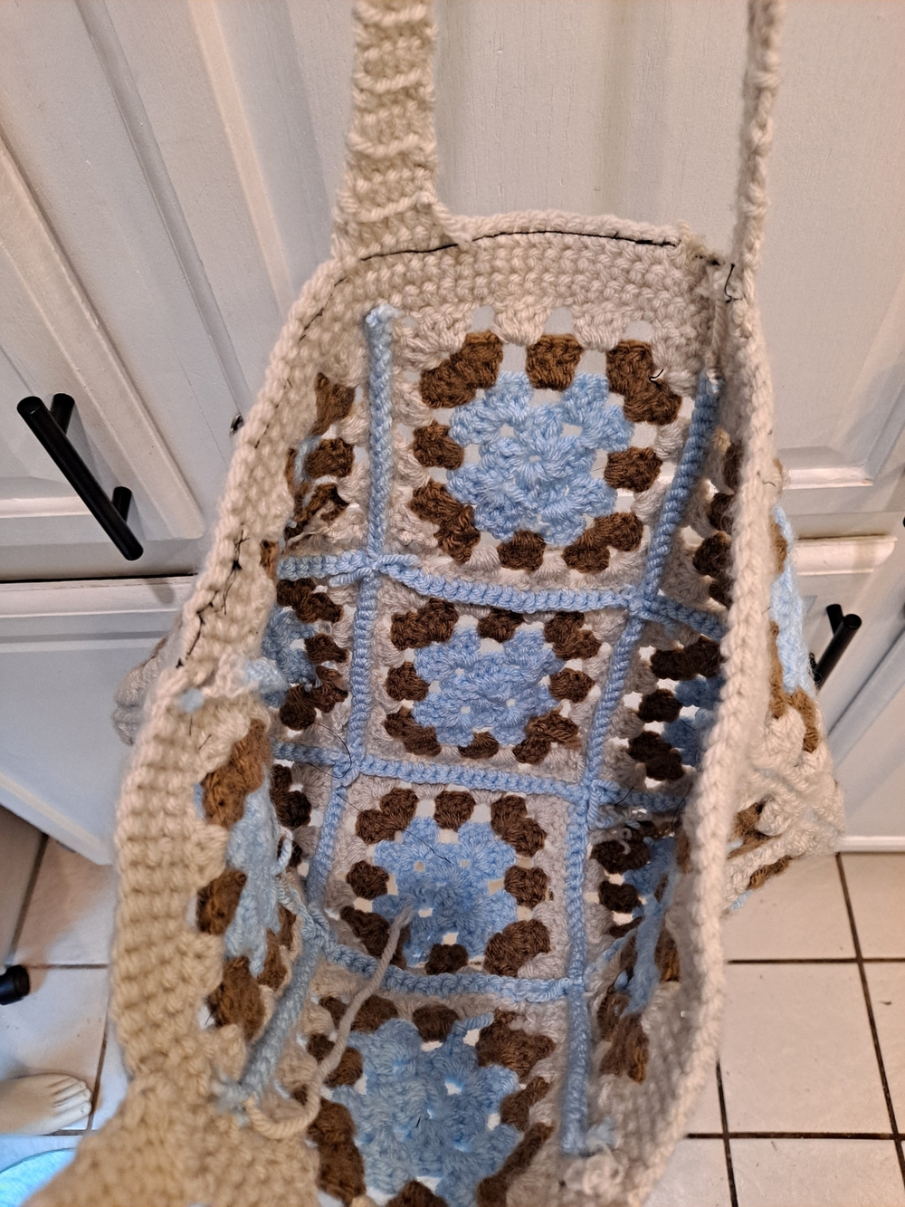 Artisan Crochet Tote Bag Cream, Light Blue & Brown Grannysquare Boho Cottagecore - Picture 4 of 11